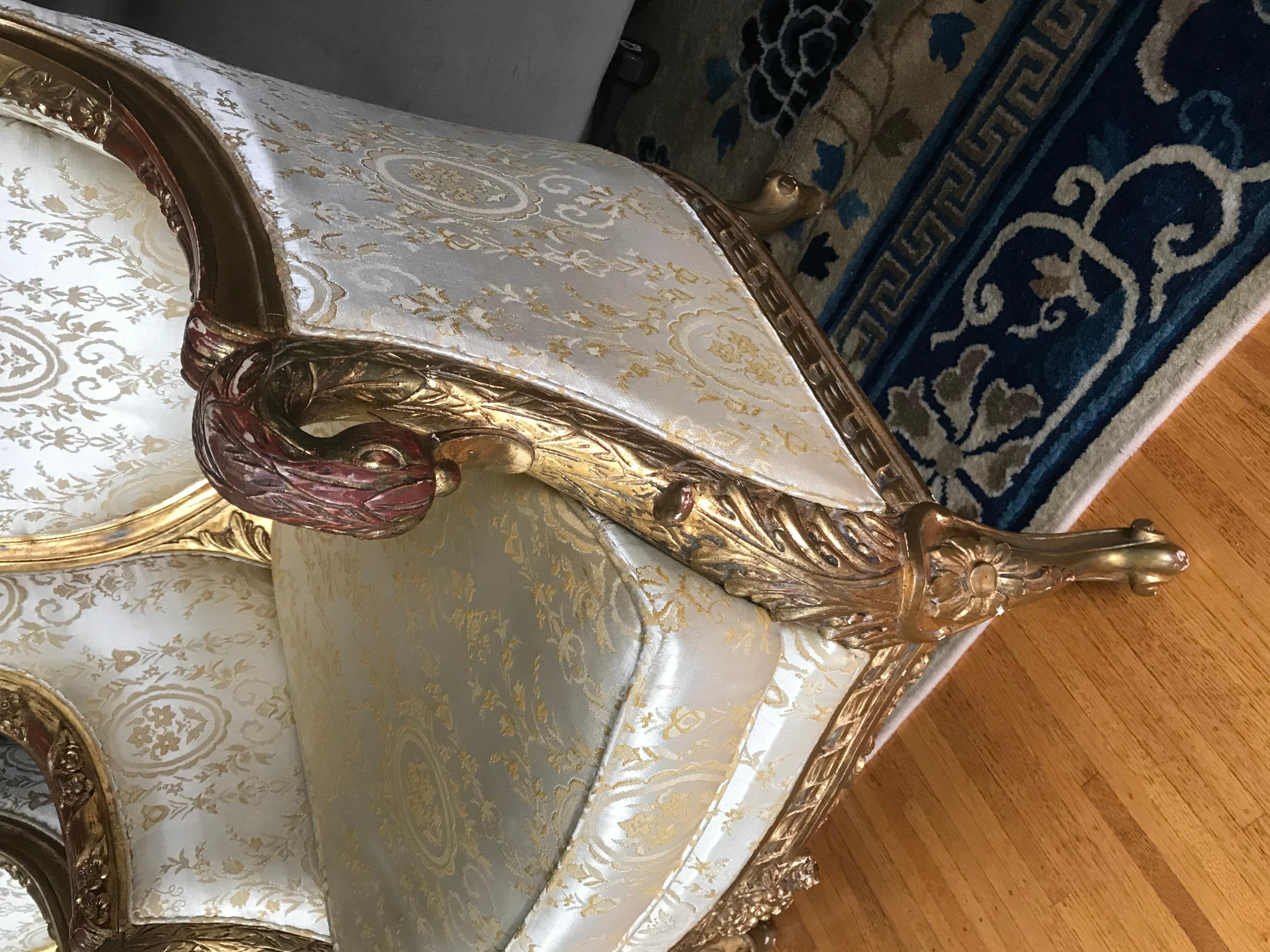 Romantic Pair of European Gold Gesso Upholstered Art Chairs, 19th Century For Sale