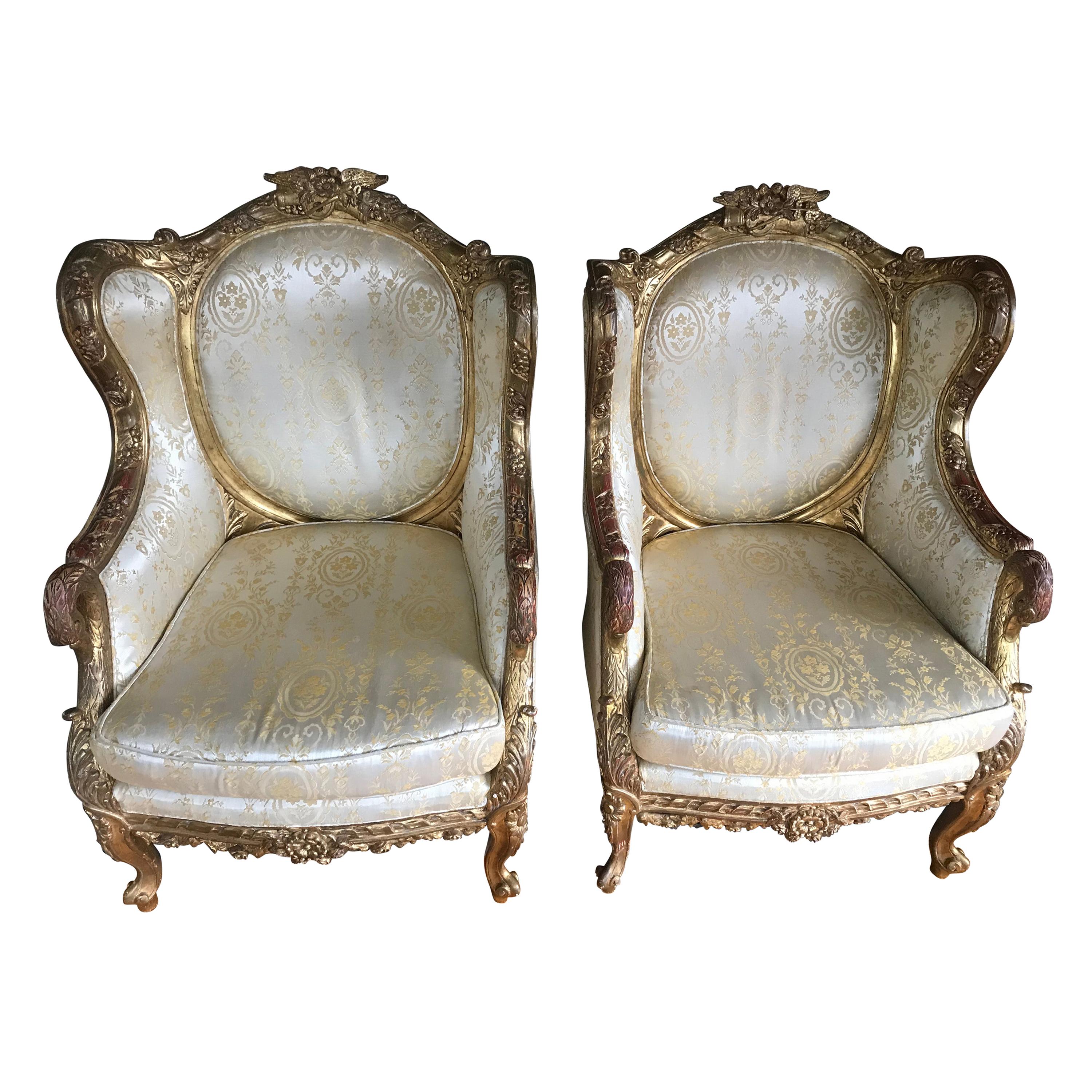 Pair of European Gold Gesso Upholstered Art Chairs, 19th Century For Sale