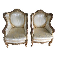 Pair of European Gold Gesso Upholstered Art Chairs, 19th Century