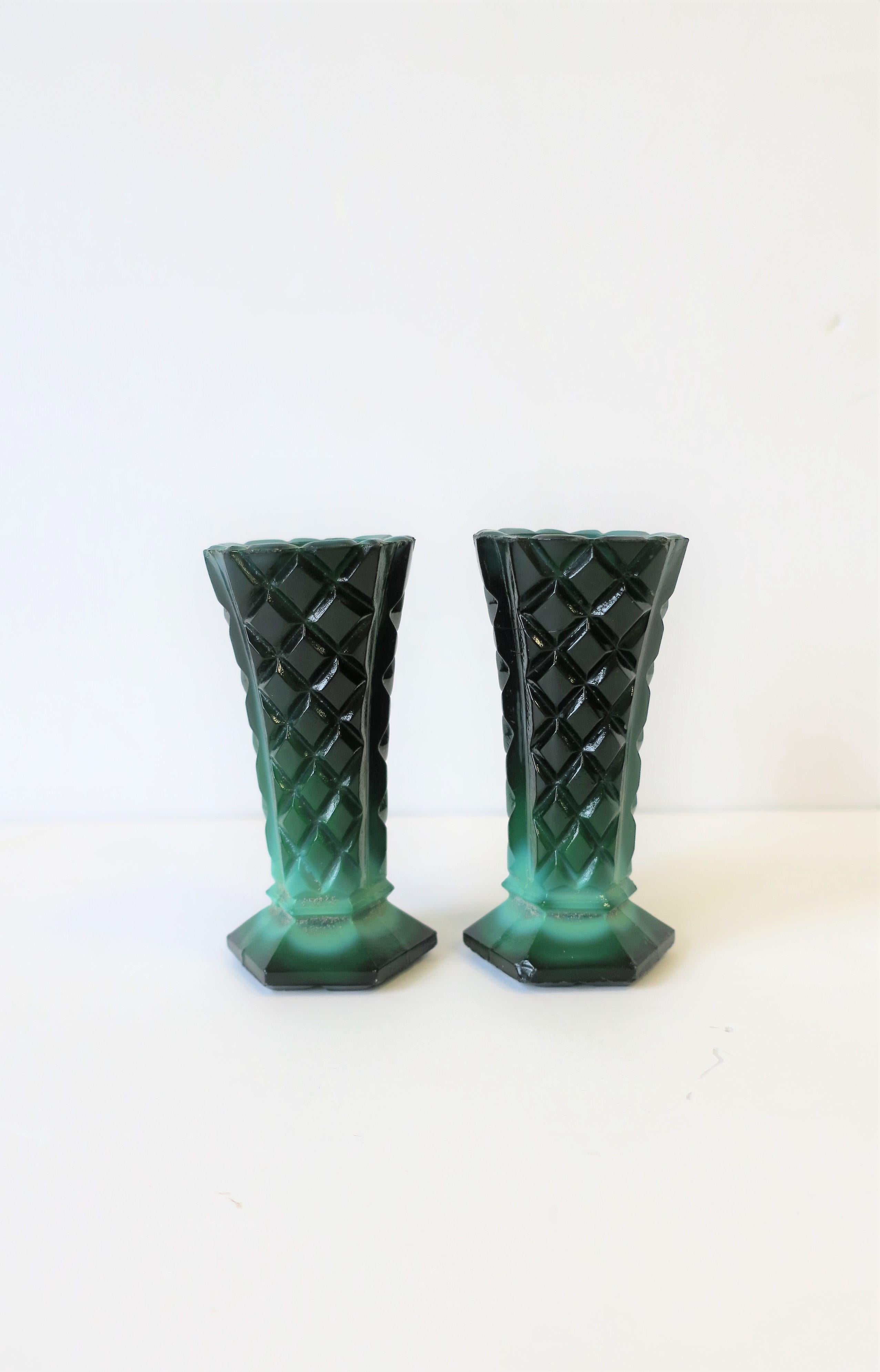 Czech Green Malachite Bohemian Glass Vases, Pair
