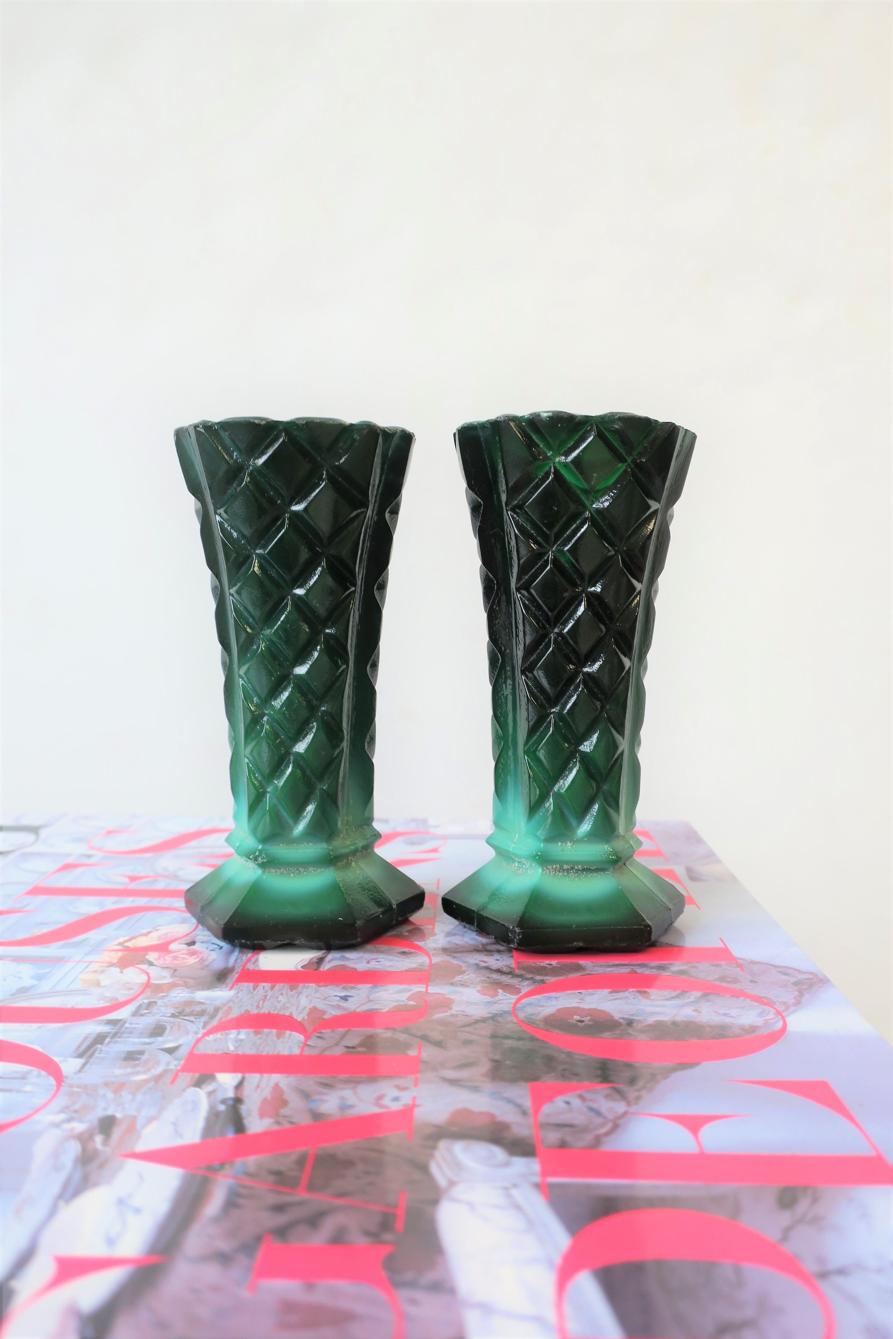 Green Malachite Bohemian Glass Vases, Pair 1