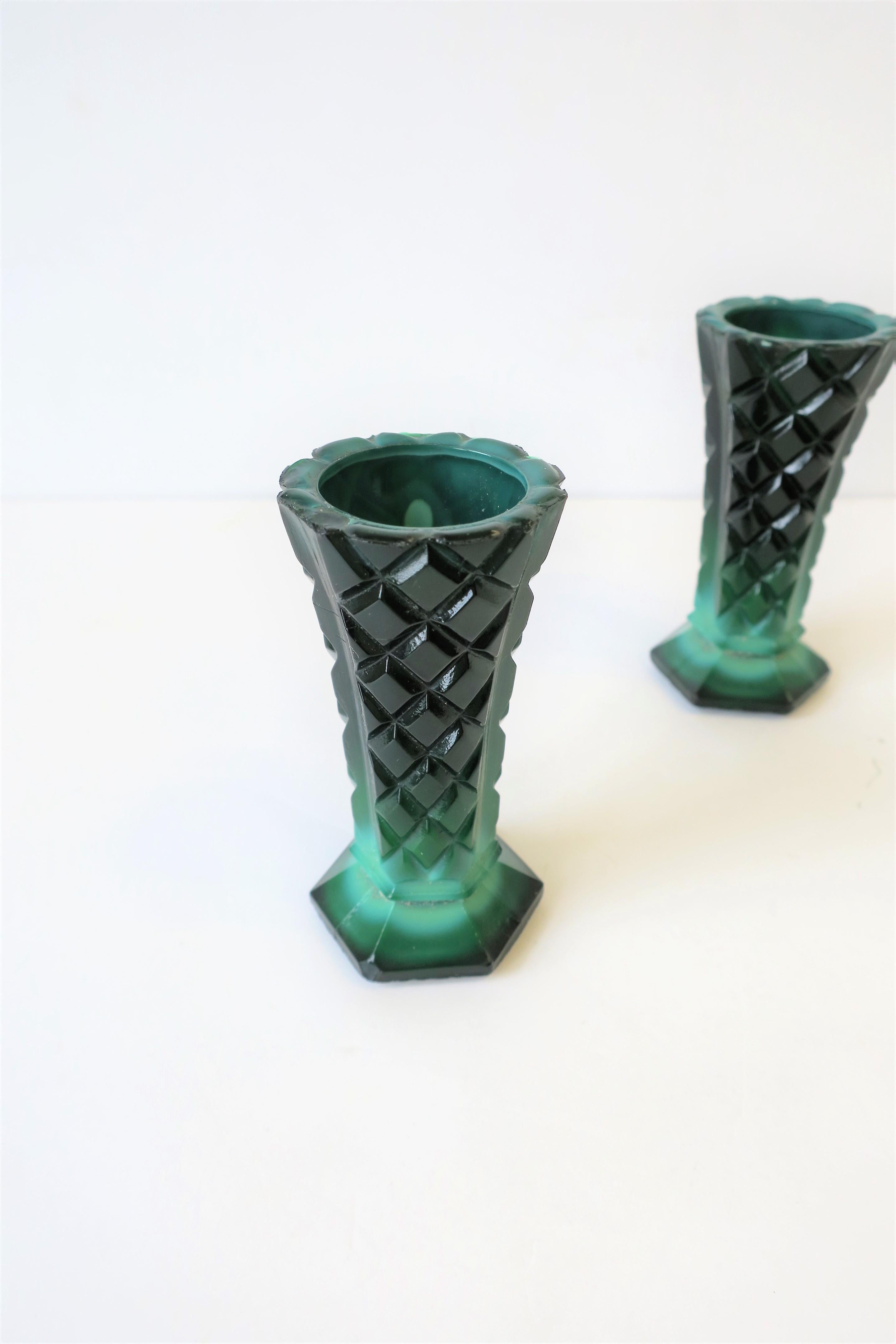 Green Malachite Bohemian Glass Vases, Pair 2