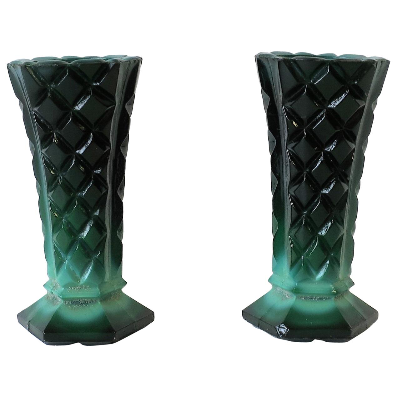Green Malachite Bohemian Glass Vases, Pair