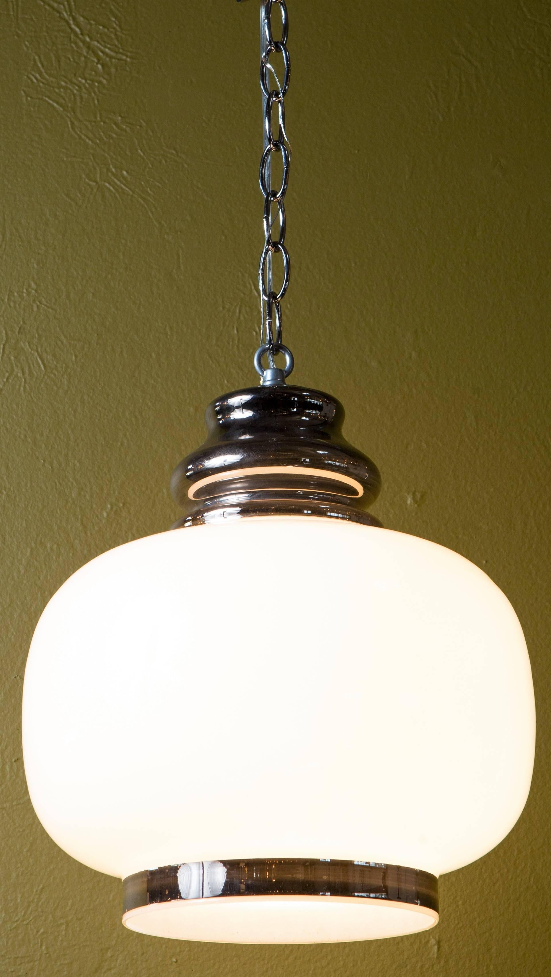 French Pair of European Hand Blown Milk Glass Pendants