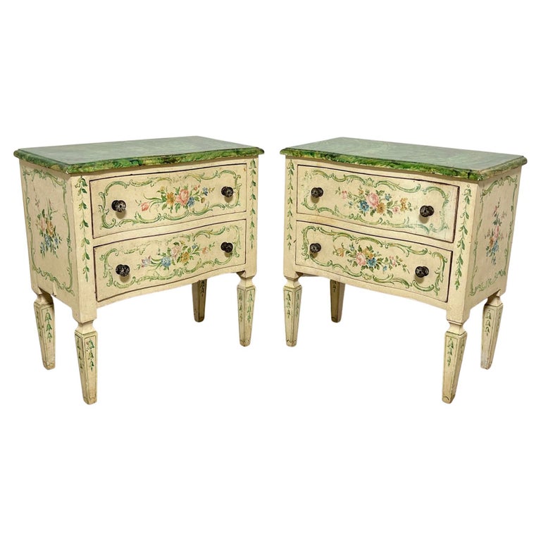 Pair of European Hand Painted Bed Side Tables, Circa 1940s For Sale at