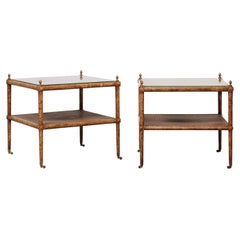 Antique Pair of European Handwoven Cane 2-Tiered Side Tables with Glass Tops