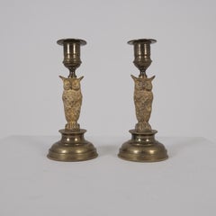 Pair of European Jugend Owl Figurine Candle Holders in Bronze, Late 19th Century