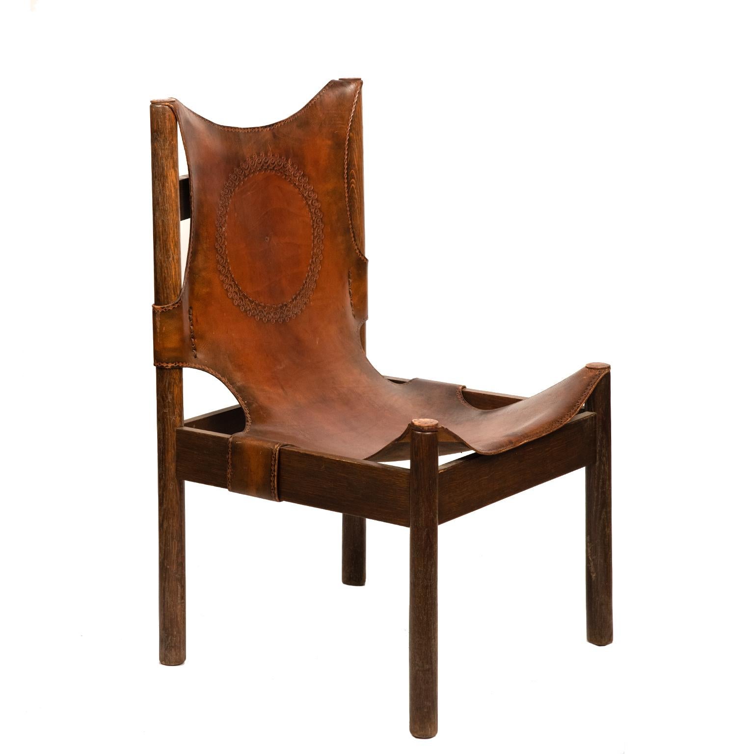 Spanish Pair of European Leather and Wood Safari Style Chairs