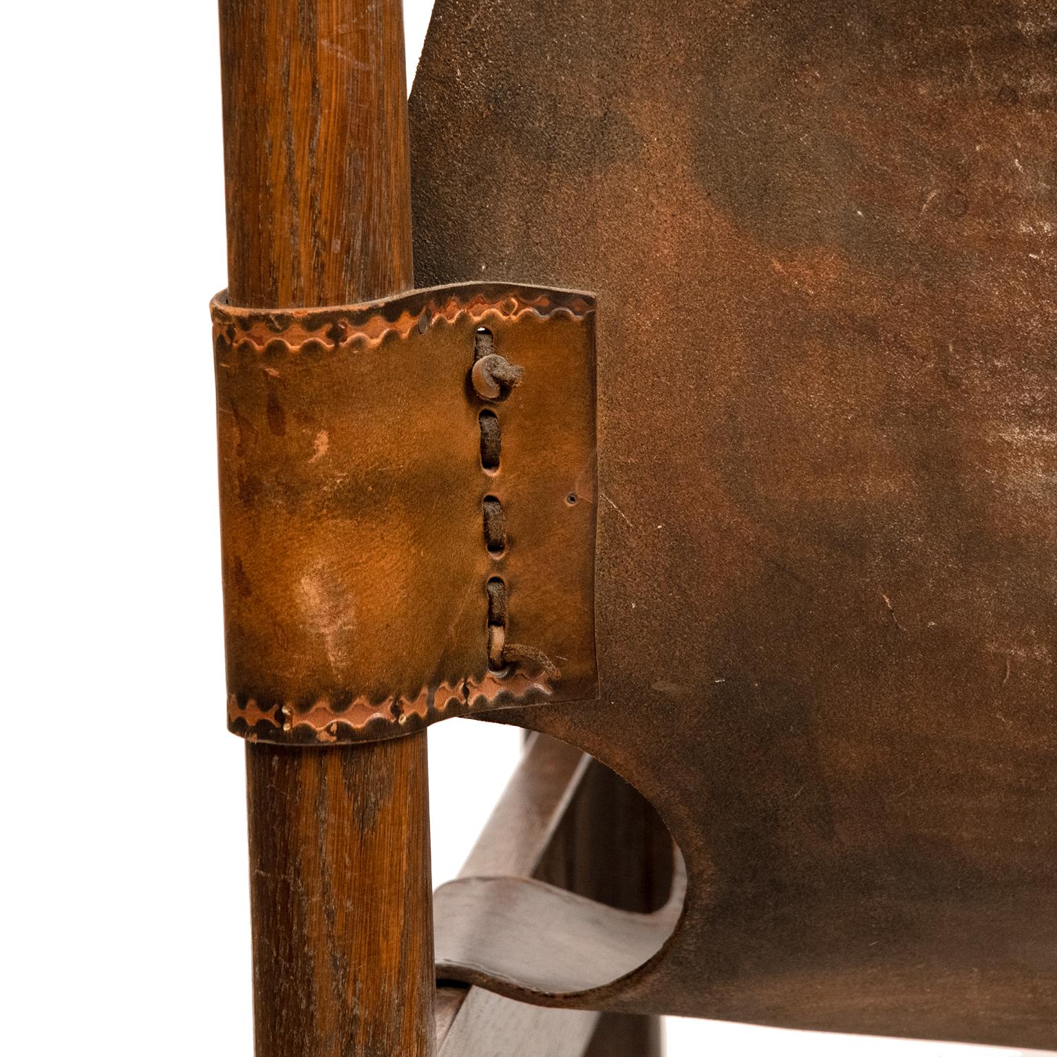 Mid-20th Century Pair of European Leather and Wood Safari Style Chairs