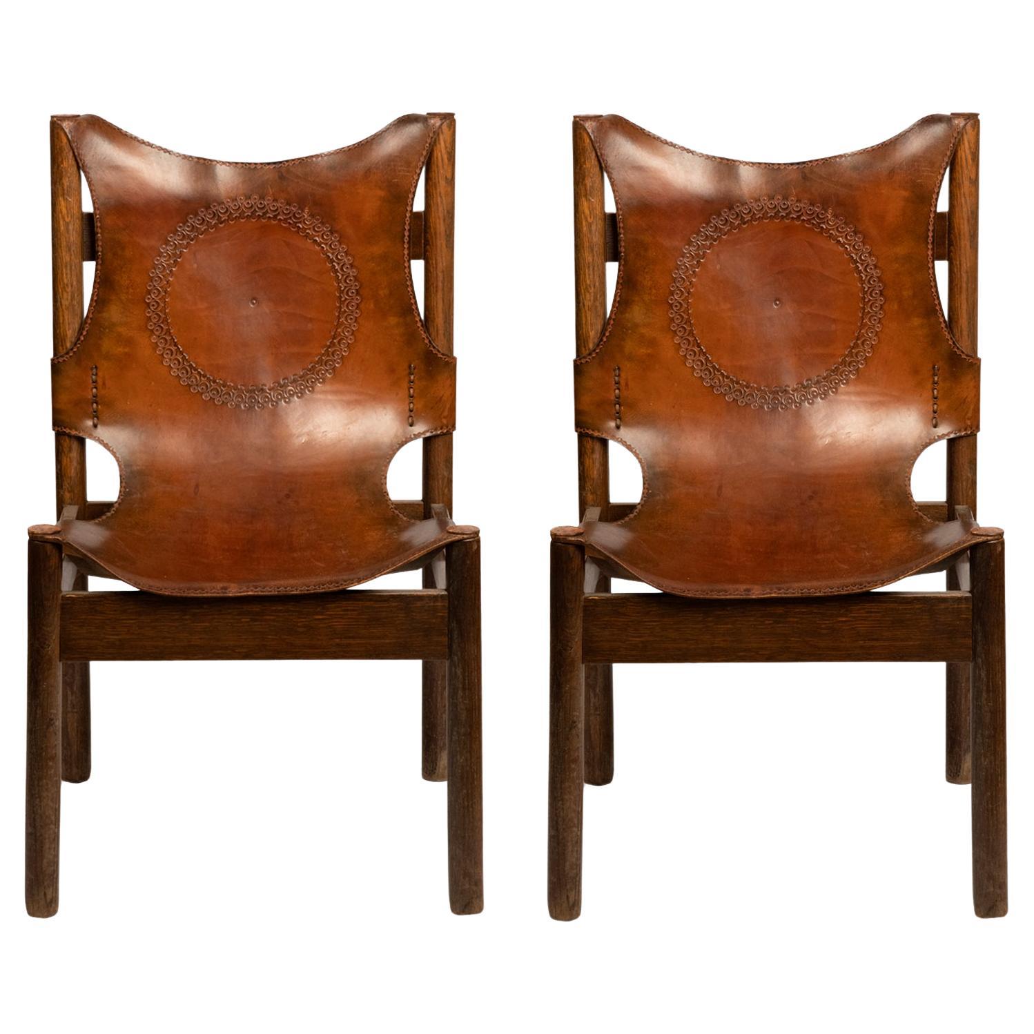 Pair of European Leather and Wood Safari Style Chairs