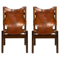 Pair of European Leather and Wood Safari Style Chairs