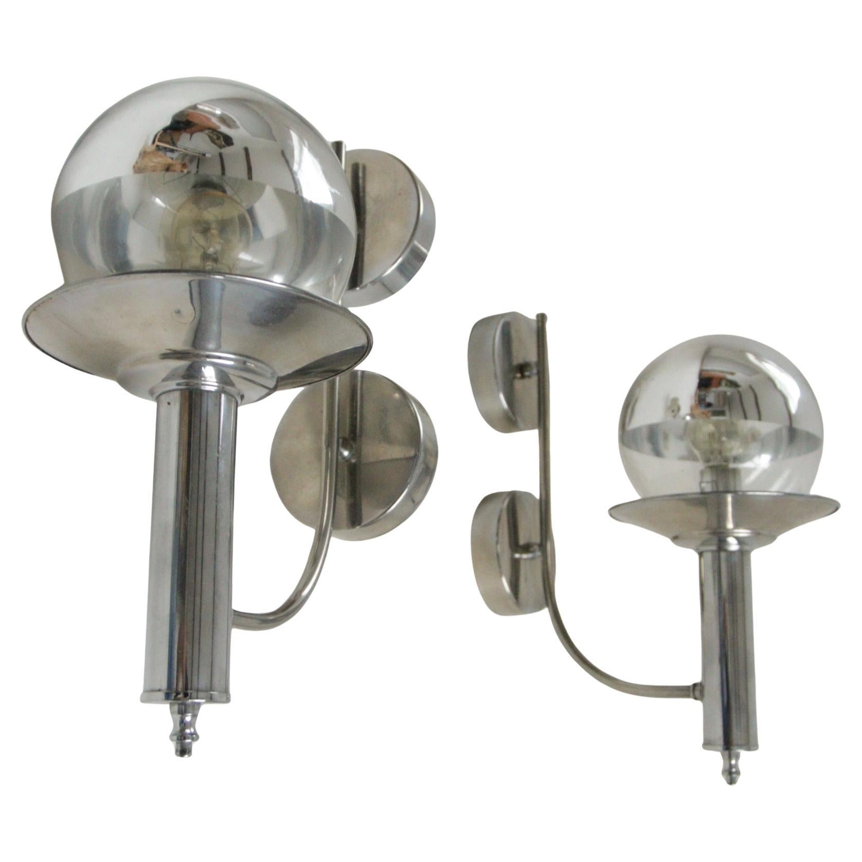 Pair of European Mid-Century Chrome Wall Sconces with Mirrored Globe Shades For Sale