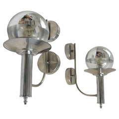 Pair of European Mid-Century Chrome Wall Sconces with Mirrored Globe Shades
