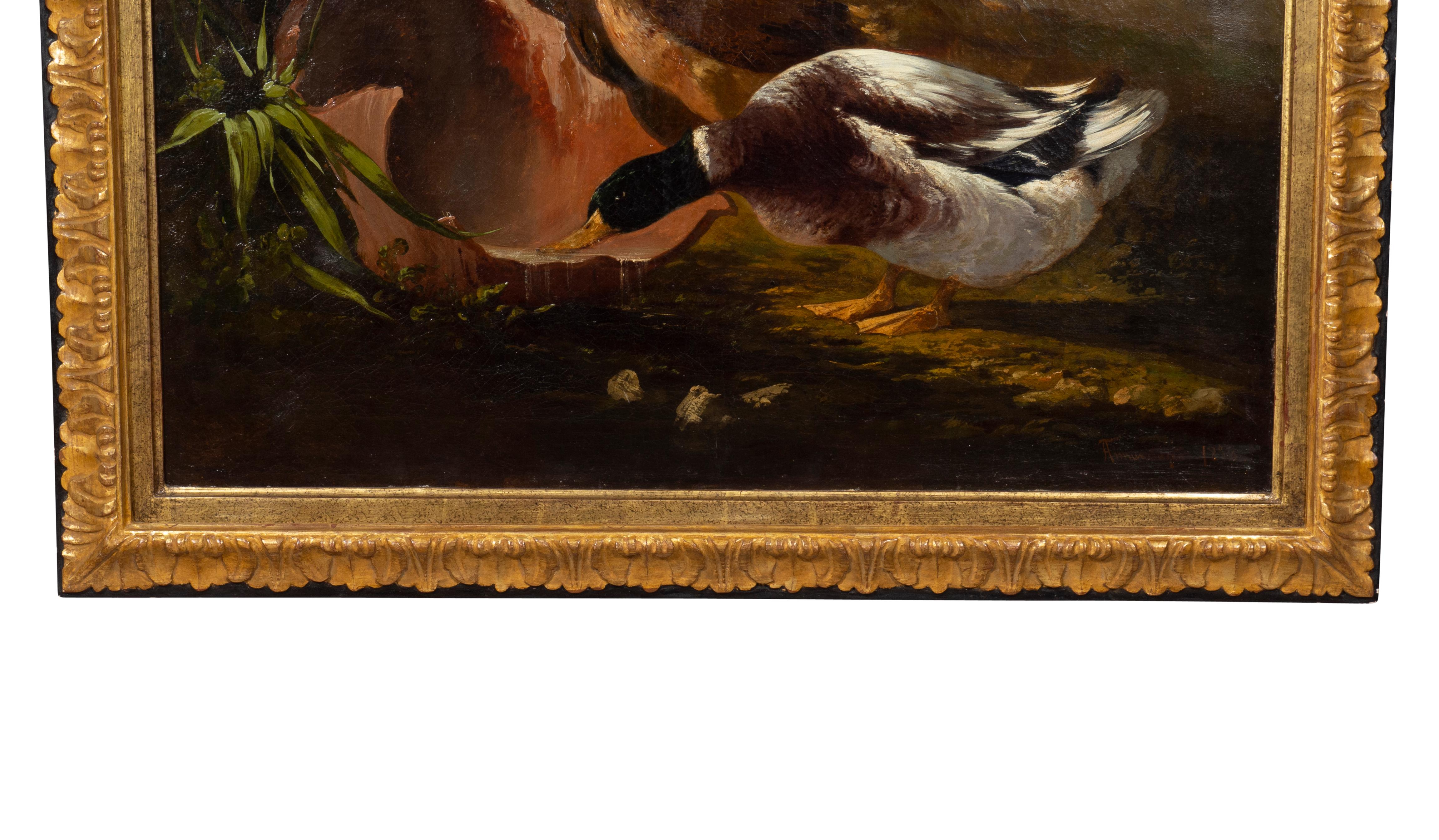 Paire de peintures à l'huile sur toile d'Europe représentant des oiseaux dans une maison en vente 10
