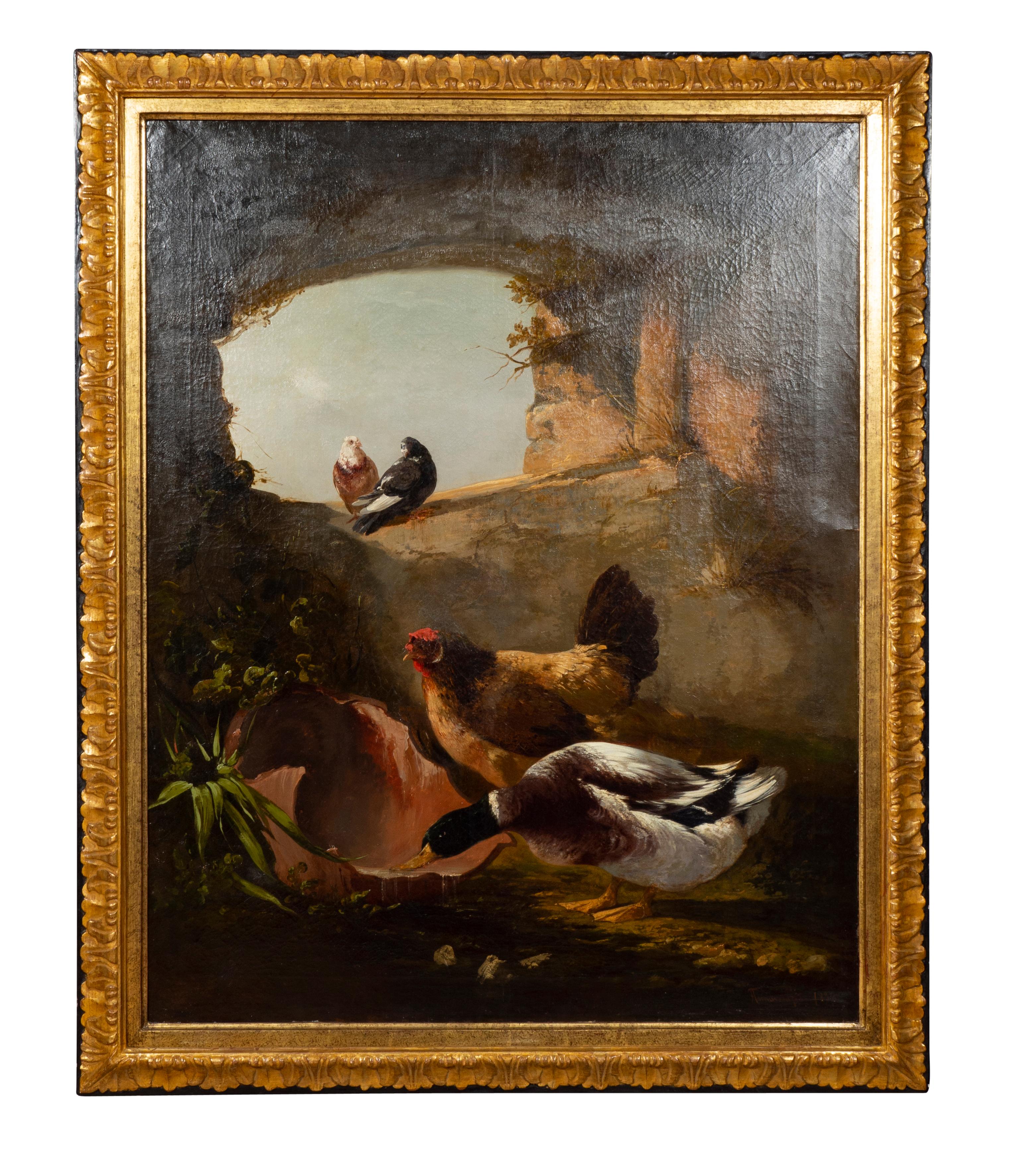 19th Century Pair Of European Oil On Canvas Paintings Of Birds In A Ruin For Sale