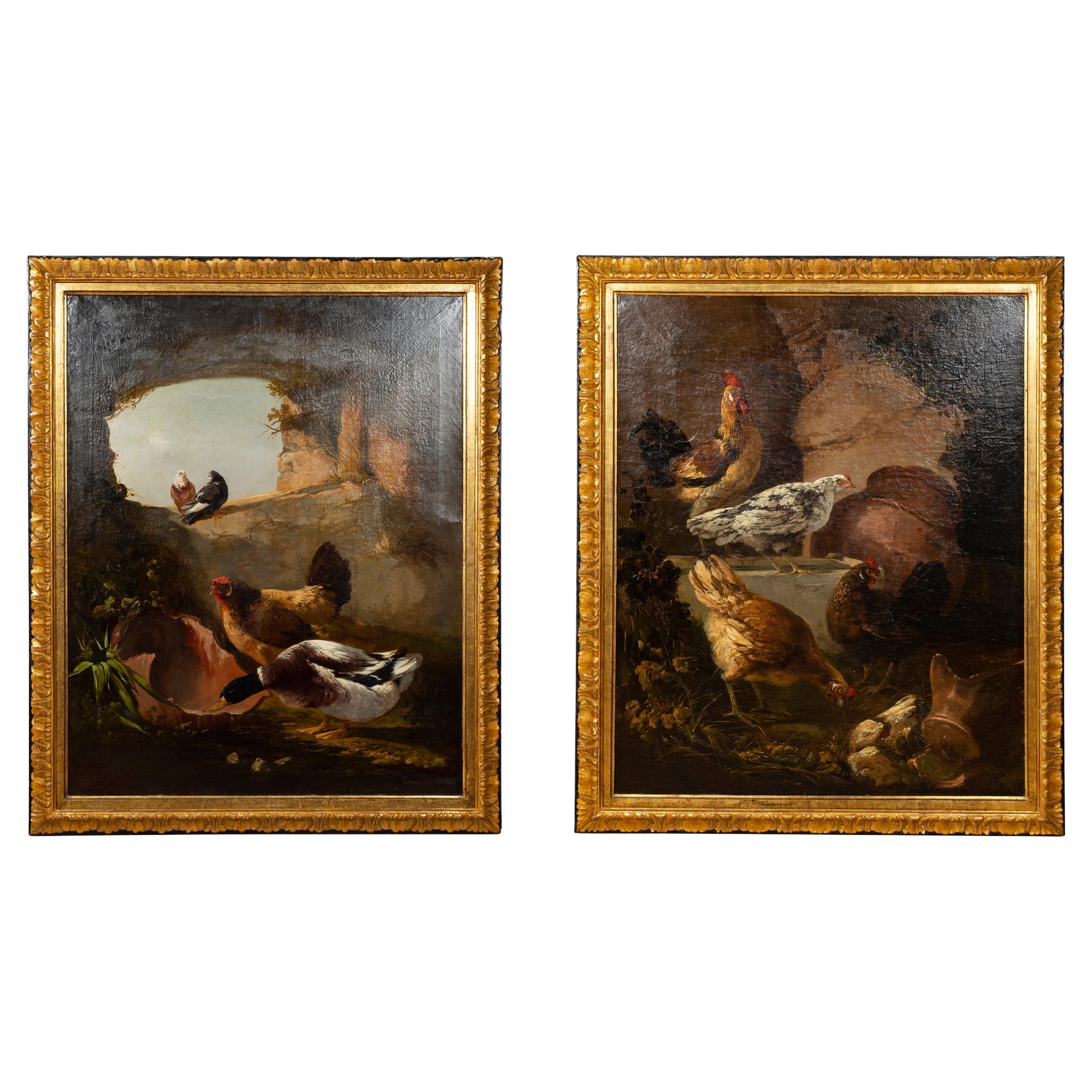 Paire de peintures à l'huile sur toile d'Europe représentant des oiseaux dans une maison