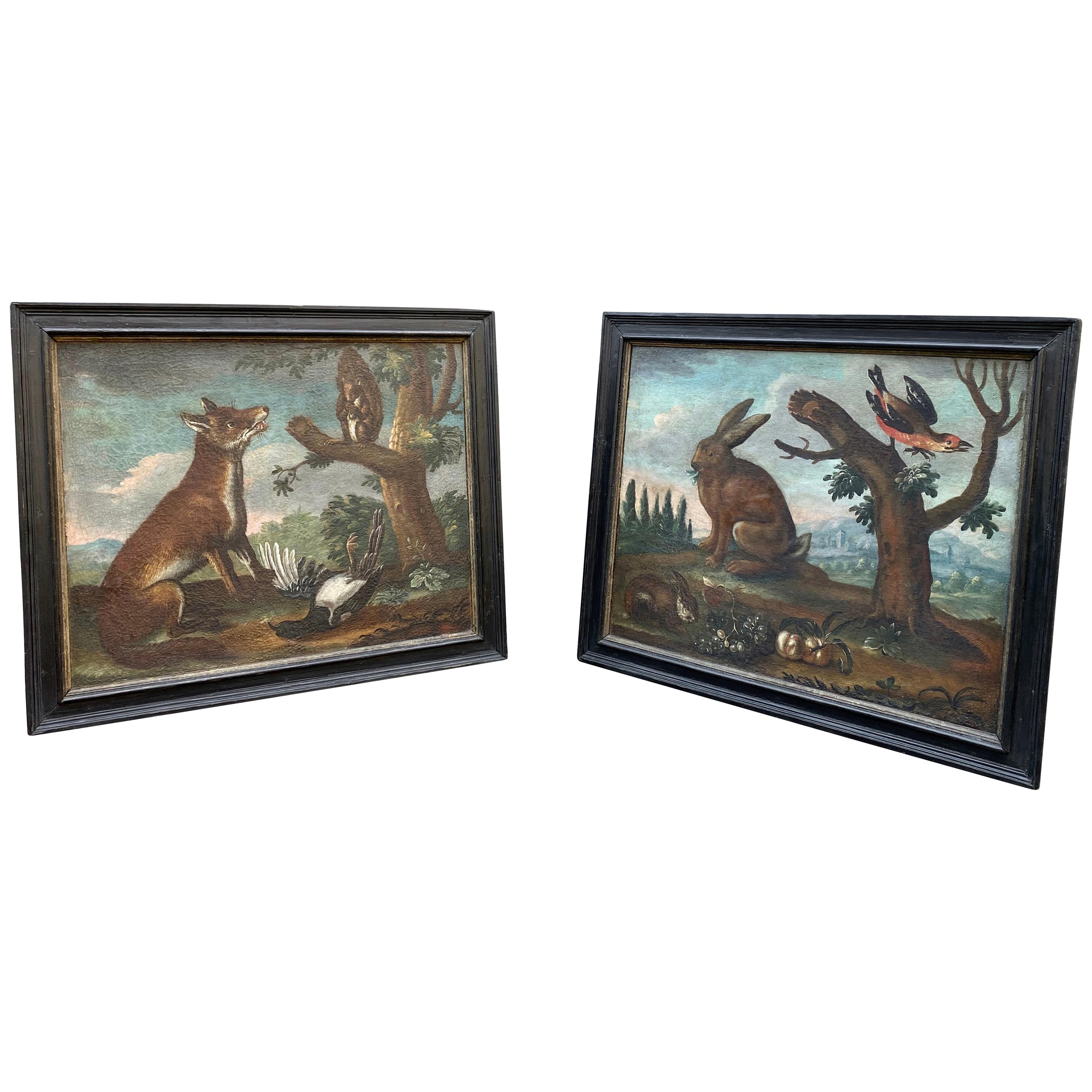 Pair of European Oil on Canvas Paintings of Wildlife