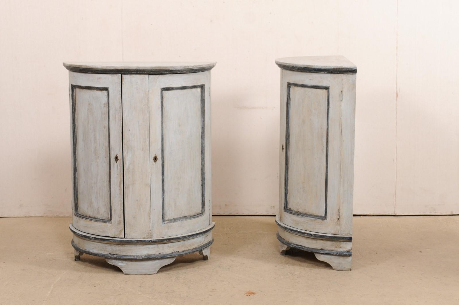 Pair of European Painted Wood Demilune 2-Door Cabinets in Gray In Good Condition In Atlanta, GA