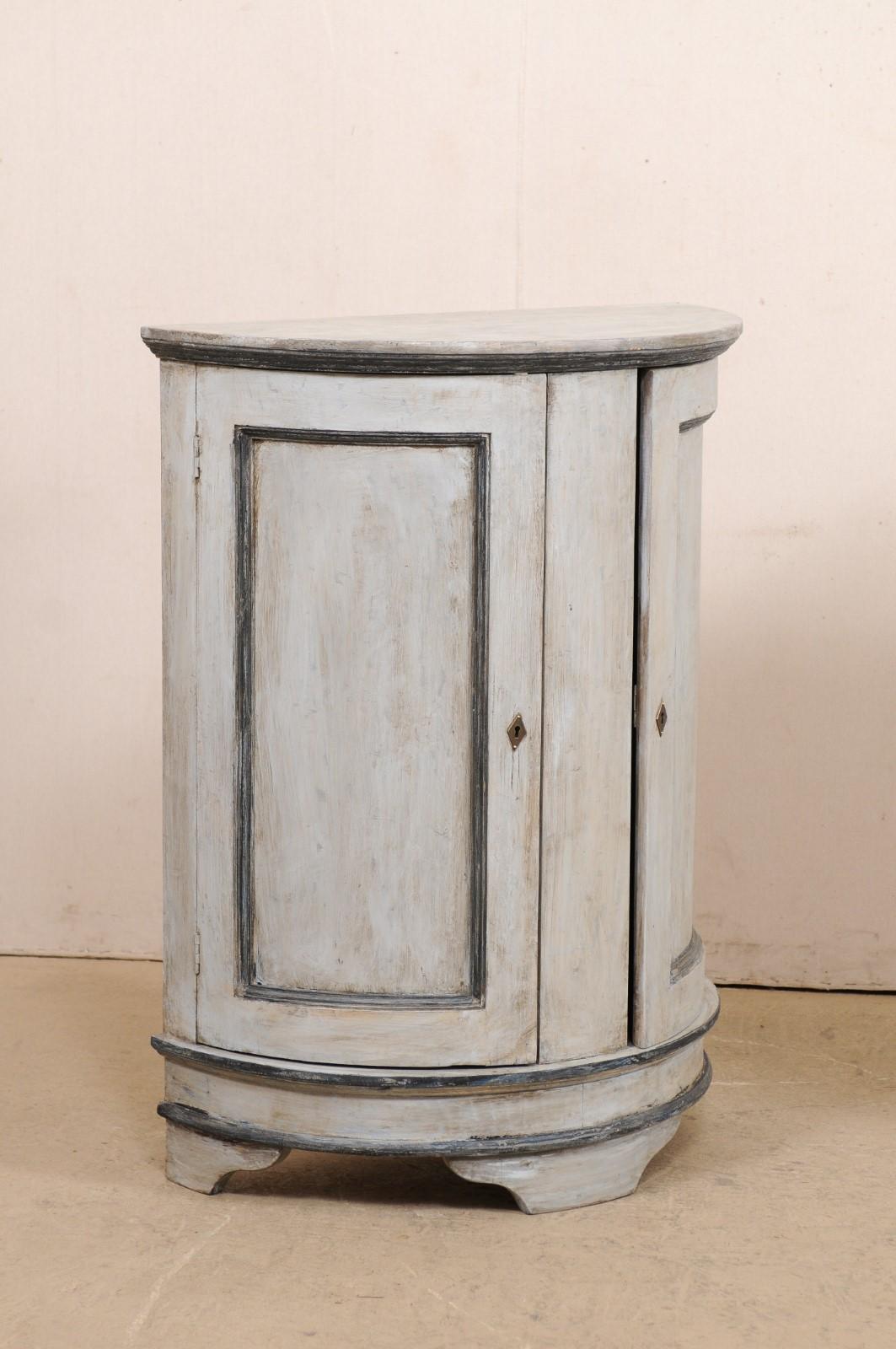 20th Century Pair of European Painted Wood Demilune 2-Door Cabinets in Gray