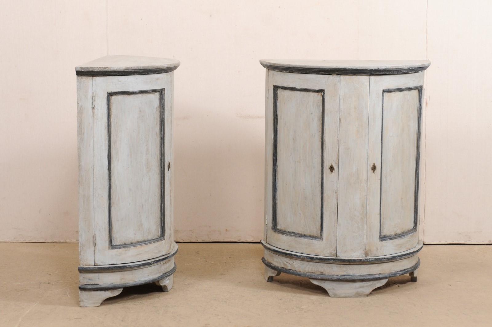 Pair of European Painted Wood Demilune 2-Door Cabinets in Gray 1