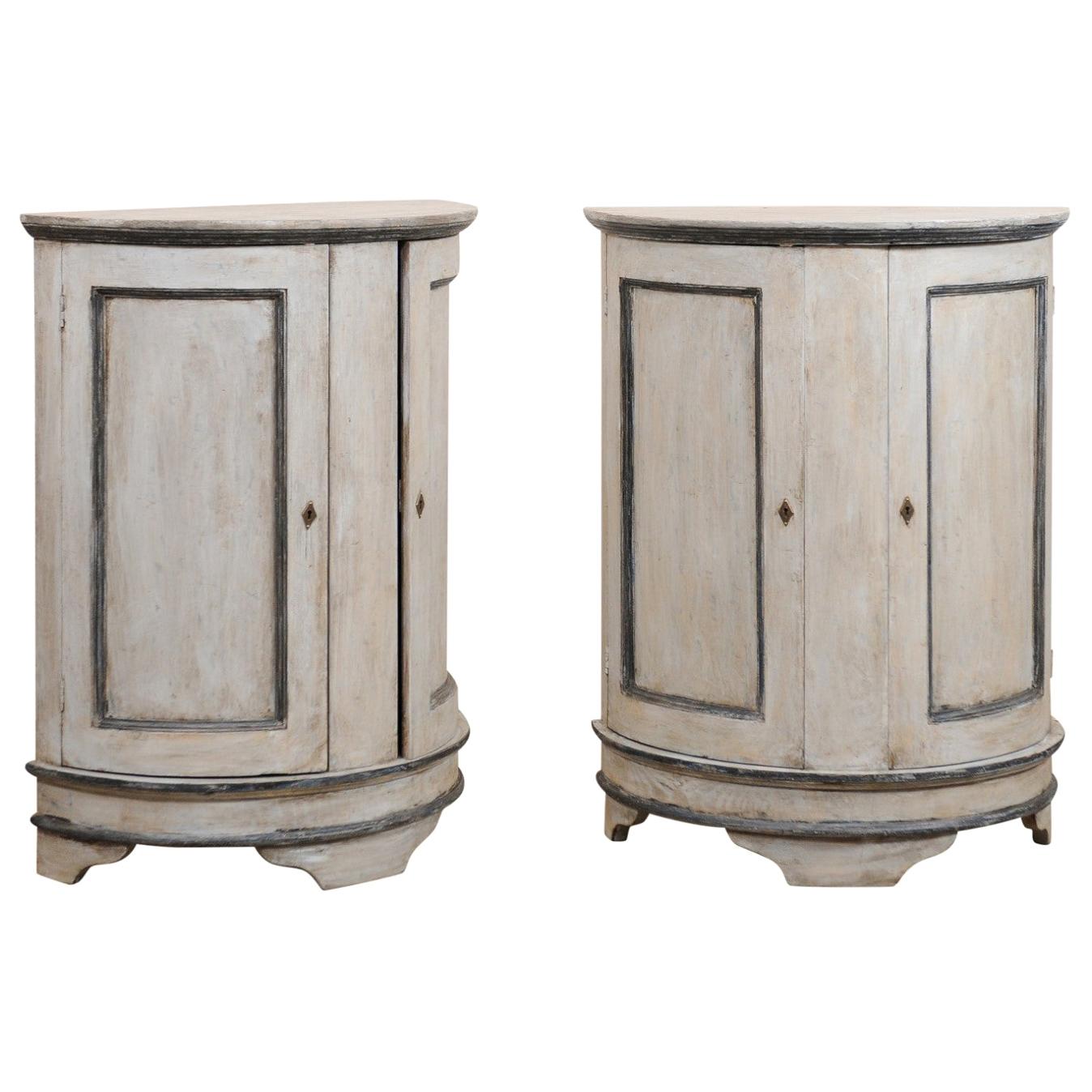 Pair of European Painted Wood Demilune 2-Door Cabinets in Gray