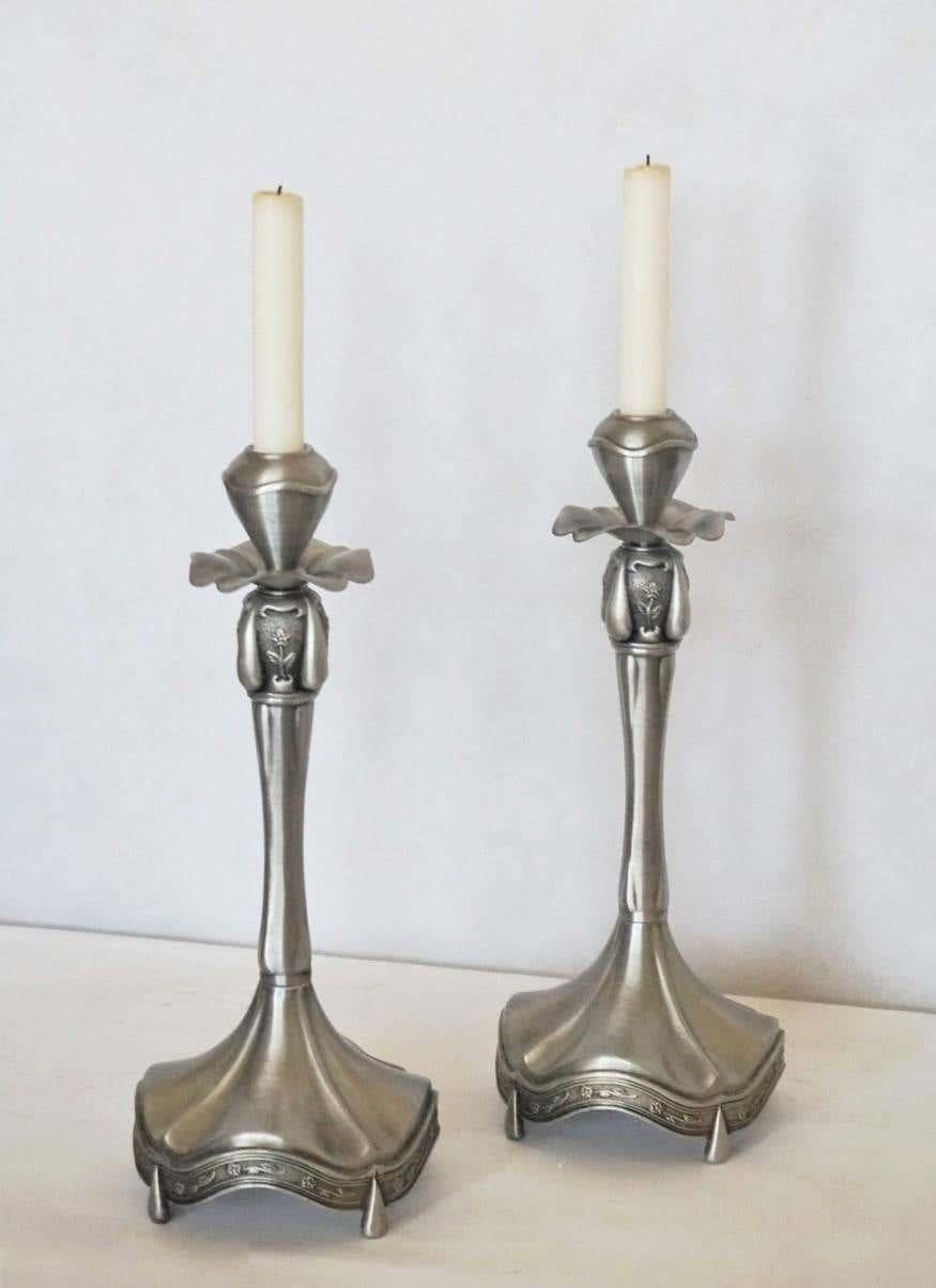 Portuguese Pair of European Pewter Candleholders