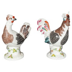 Antique Pair of European Porcelain Roosters