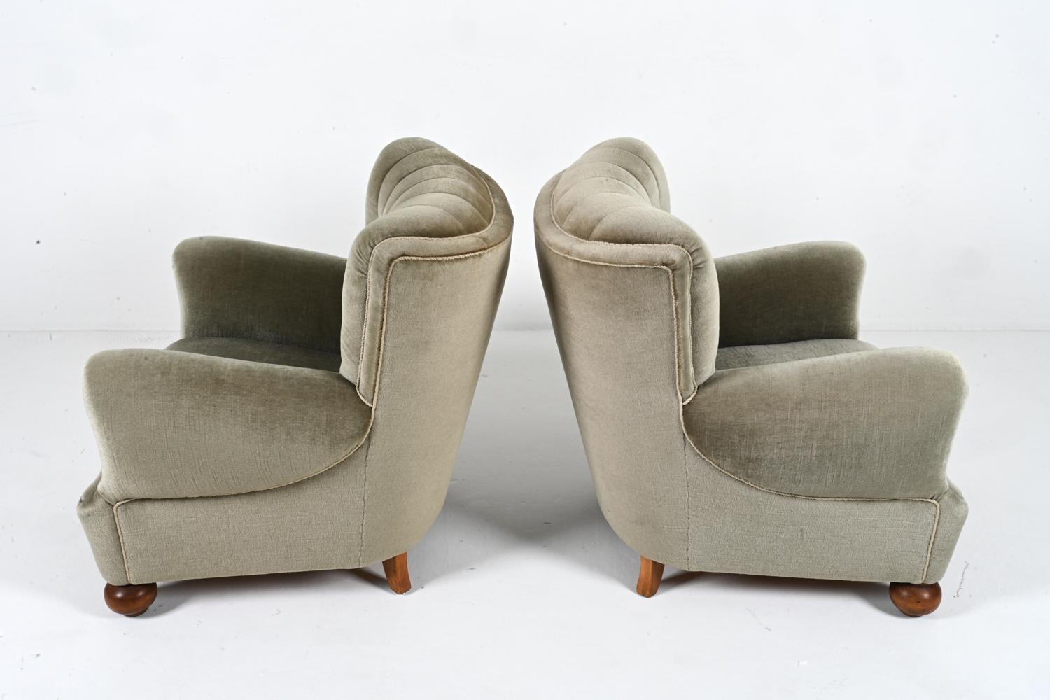 Pair of European Roll-Arm Club Chairs in Mohair and Beech, c. 1940's For Sale 6