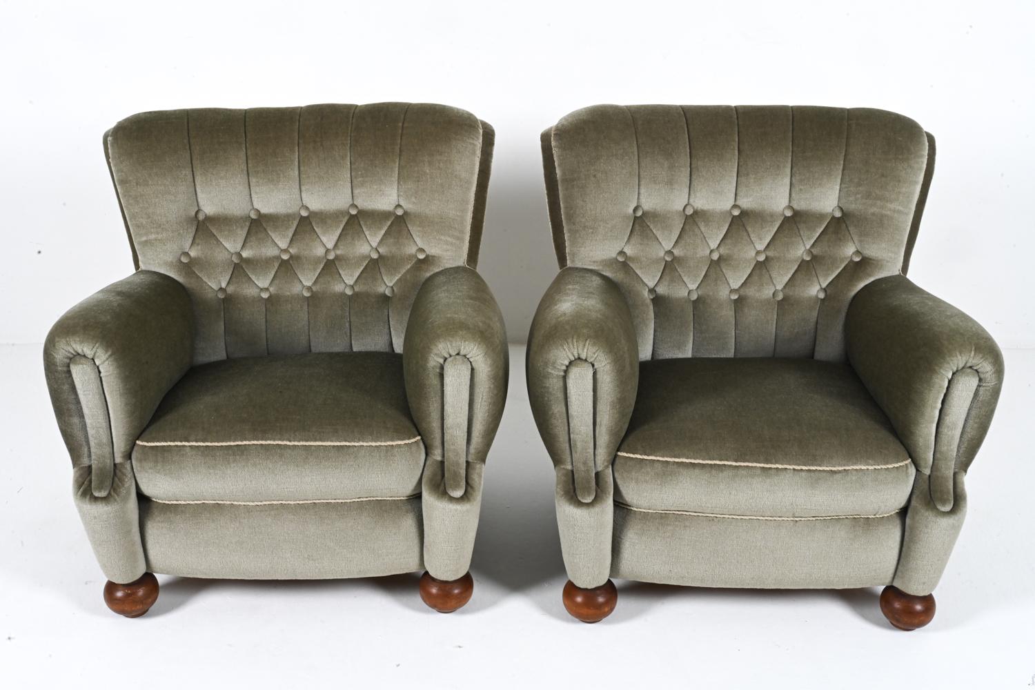 Pair of European Roll-Arm Club Chairs in Mohair and Beech, c. 1940's In Good Condition For Sale In Norwalk, CT