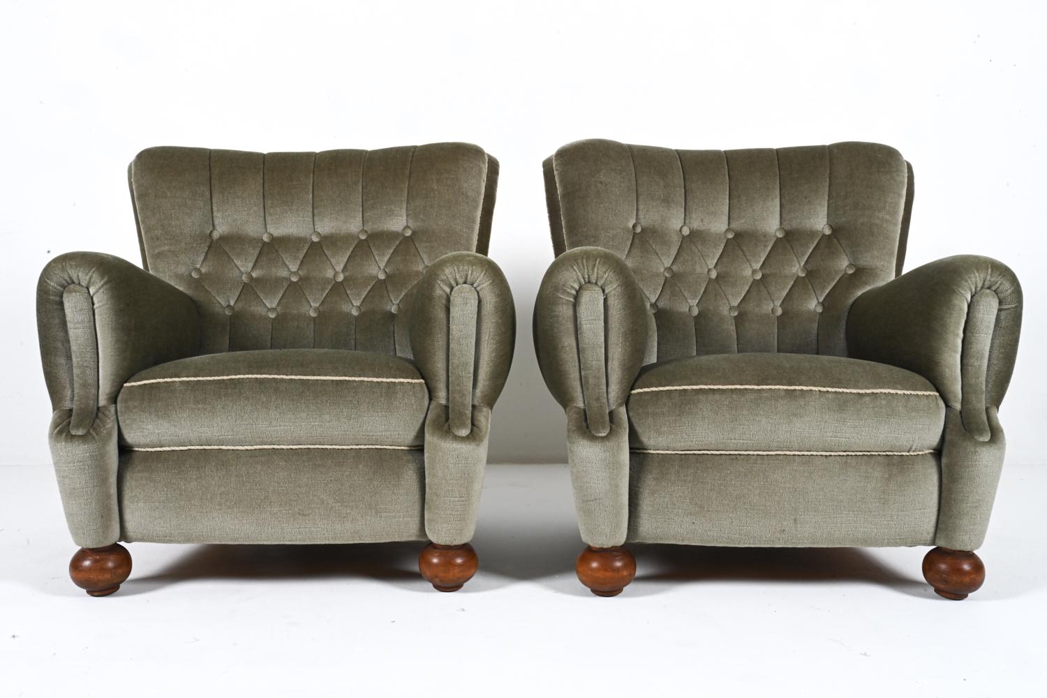 20th Century Pair of European Roll-Arm Club Chairs in Mohair and Beech, c. 1940's For Sale