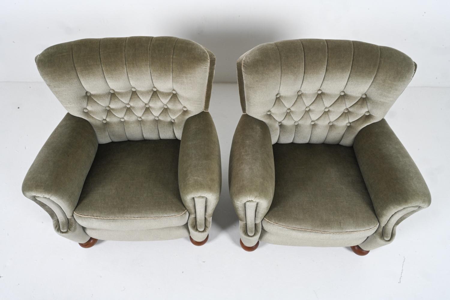 Pair of European Roll-Arm Club Chairs in Mohair and Beech, c. 1940's For Sale 1