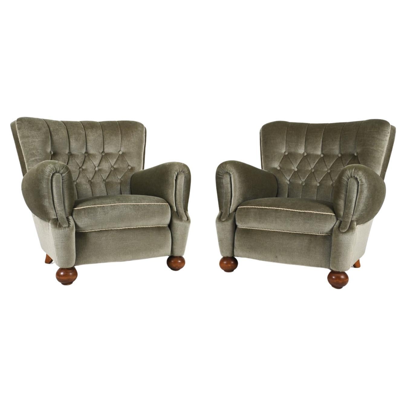 Pair of European Roll-Arm Club Chairs in Mohair and Beech, c. 1940's For Sale