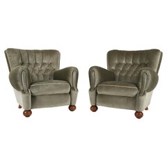 Vintage Pair of European Roll-Arm Club Chairs in Mohair and Beech, c. 1940's
