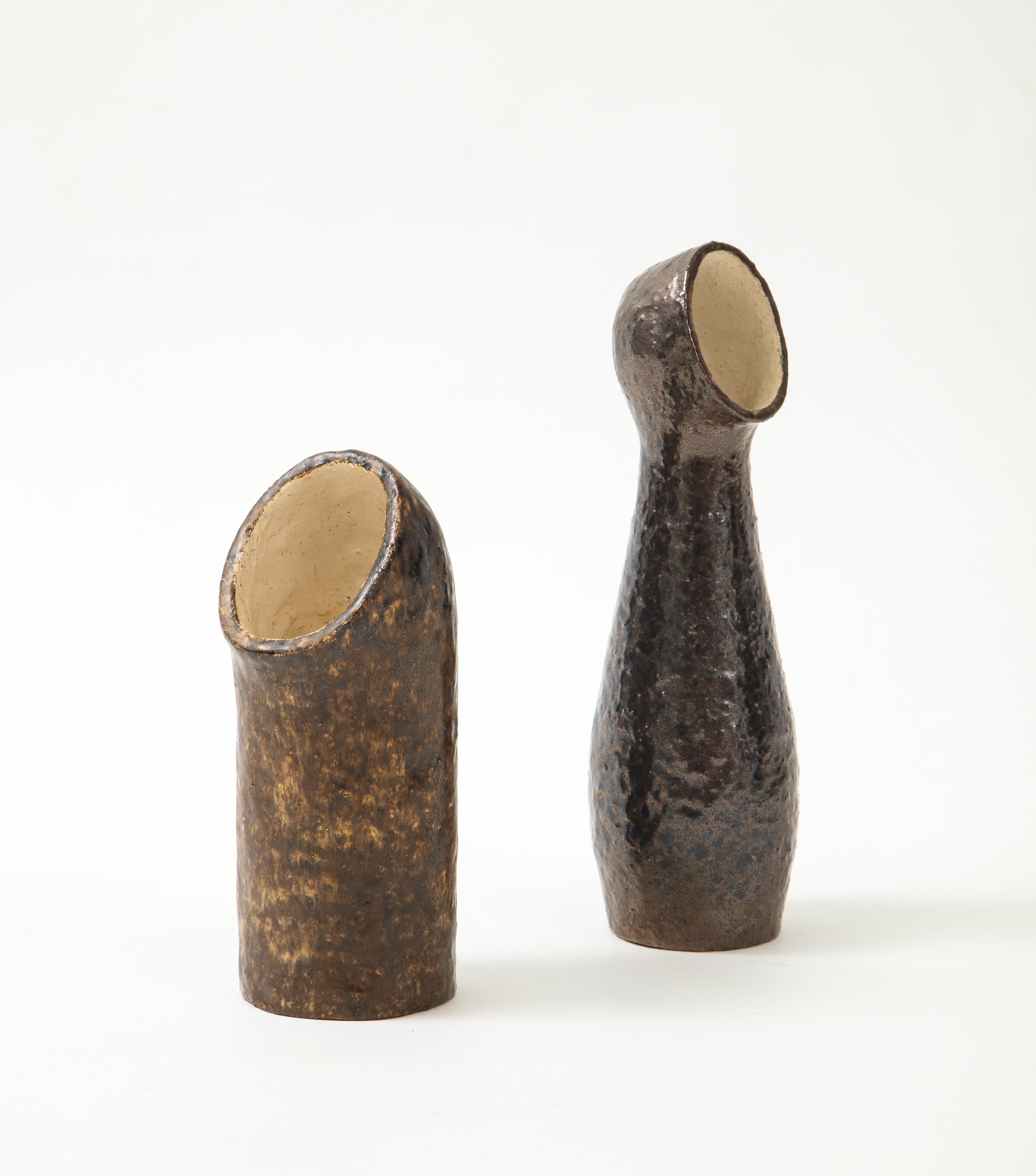 Mid-Century Modern Pair of European Sculptural Ceramic Vases in the Style of Borderie, 1960's