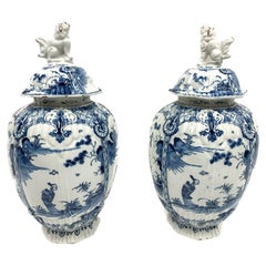 Retro Pair Of European Signed Bue & White Glazed Ginger Jars