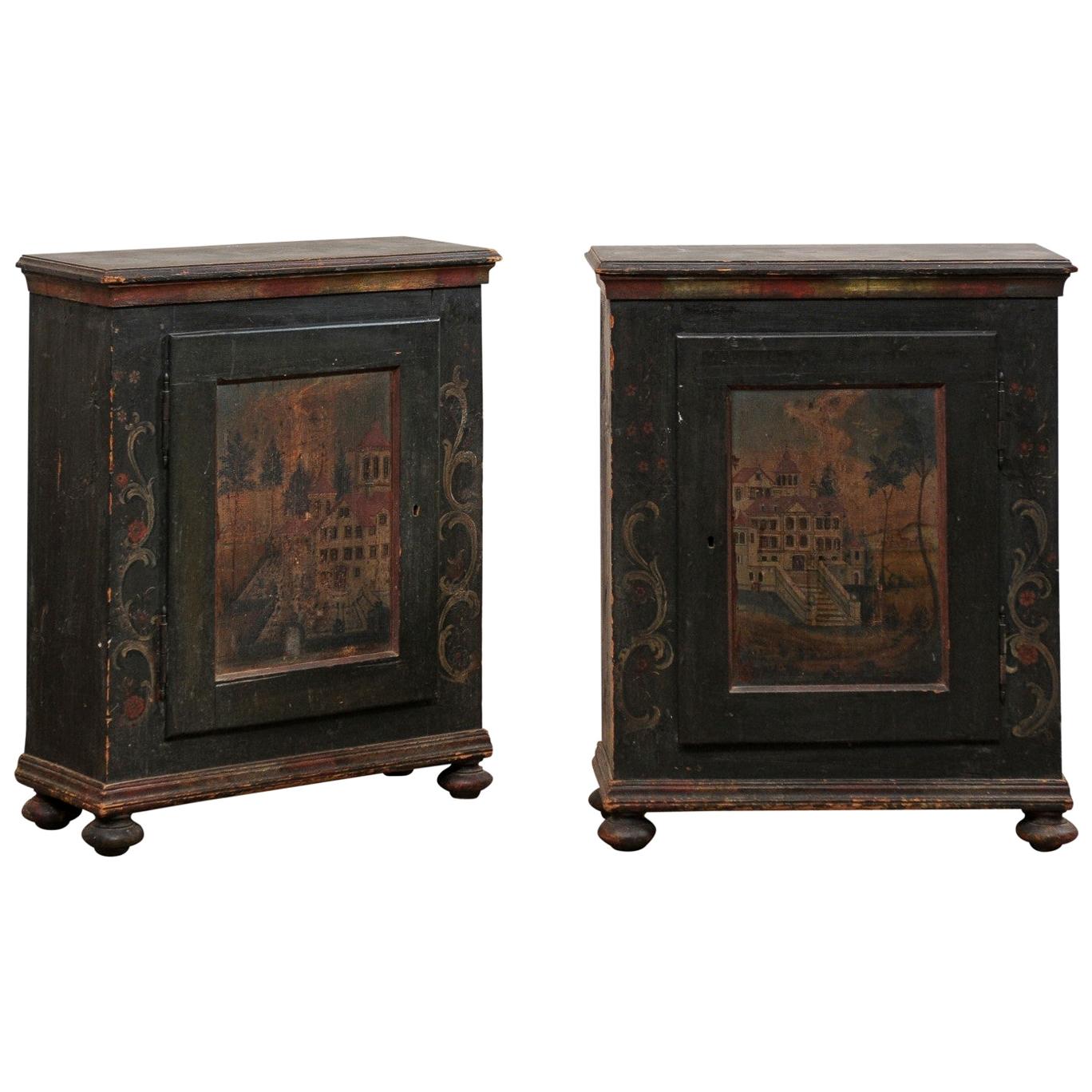 Pair of European Single-Door Cabinets with Original Hand Painted Finish