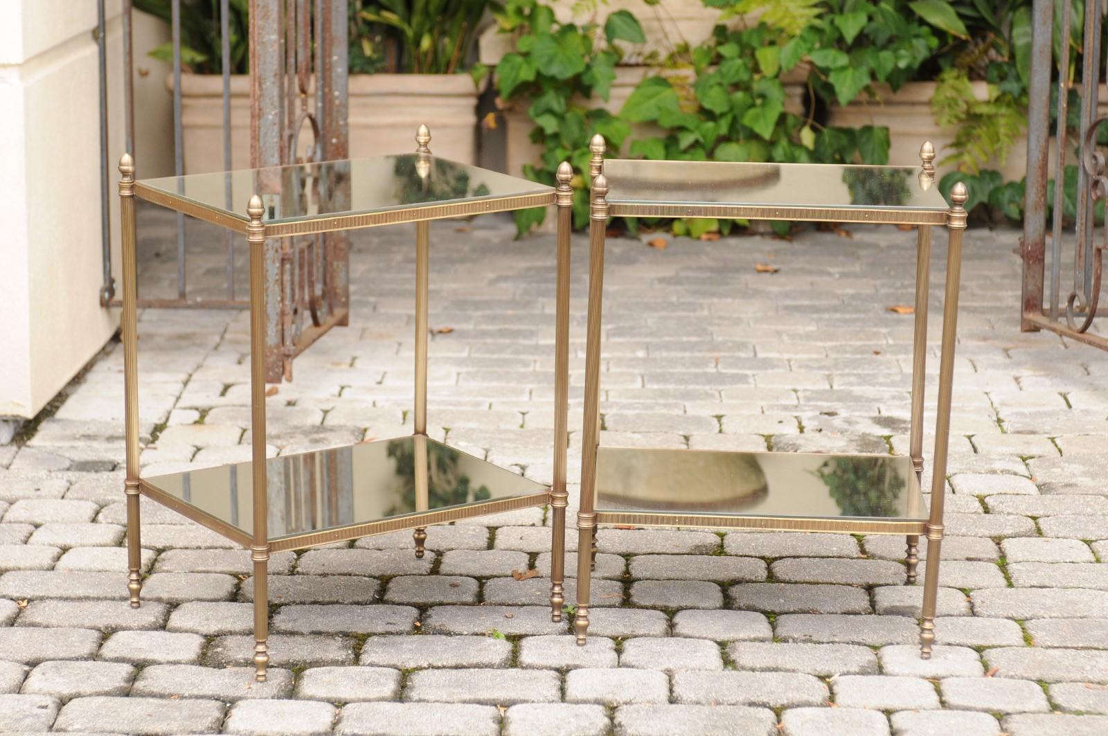 Mid-Century Modern Pair of European Vintage Bronze End Tables with New Mirrored Tops and Shelves