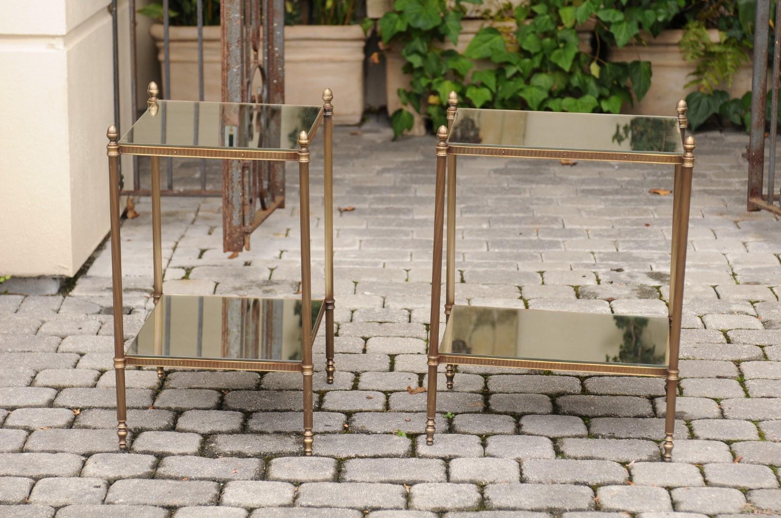 Pair of European Vintage Bronze End Tables with New Mirrored Tops and Shelves 2