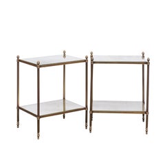 Pair of European Vintage Bronze End Tables with New Mirrored Tops and Shelves