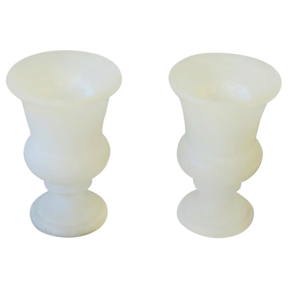 Pair of European White Matte Alabaster Marble Urns