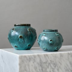 Pair of Eva Jancke Bjork Round Green Ceramic Vases. Bo Fajans, Sweden, 1940s
