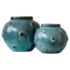 Pair of Eva Jancke Bjork Round Green Ceramic Vases. Bo Fajans, Sweden, 1940s