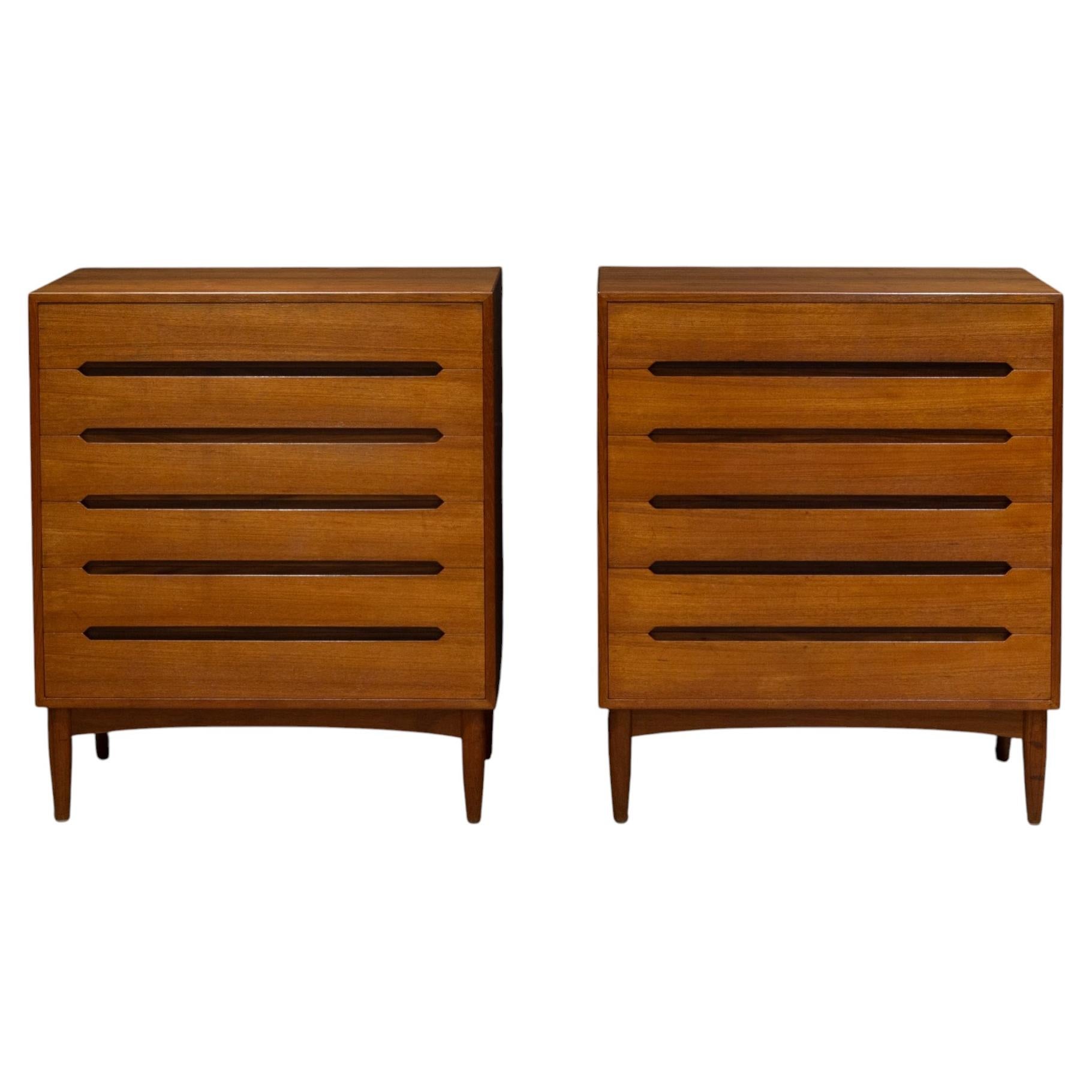 Pair of E.W. Bach Tall Teak Dressers-Sculpted Handles c.1950 For Sale