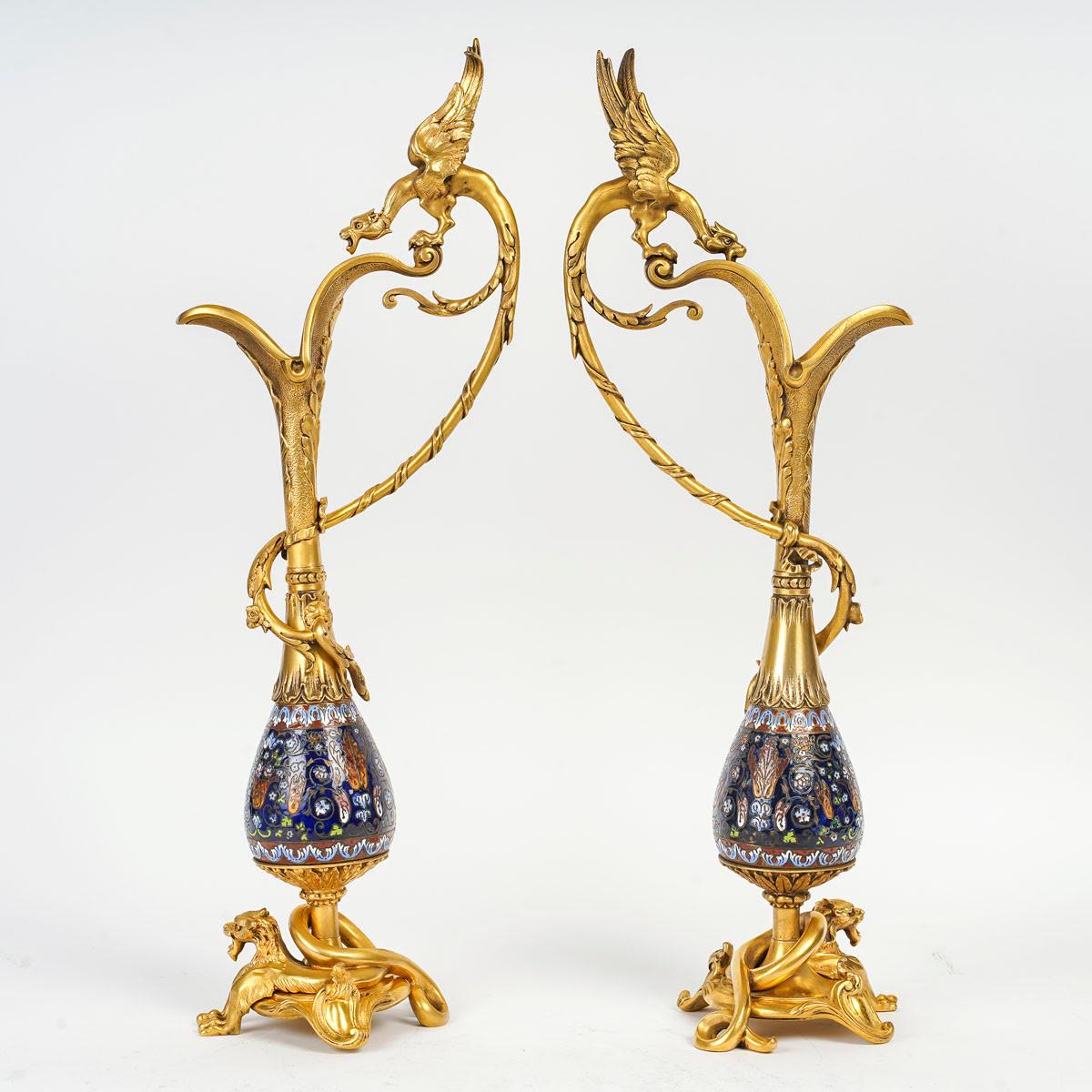 19th Century Pair of Ewers in Chased and Gilt Bronze, Neo-Gothic Style, Napoleon III Period.