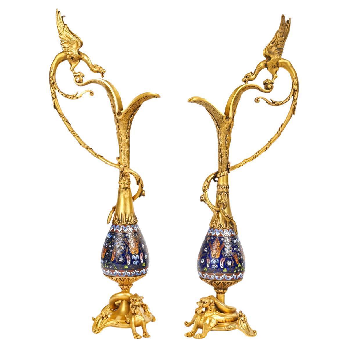 Pair of Ewers in Chased and Gilt Bronze, Neo-Gothic Style, Napoleon III Period.