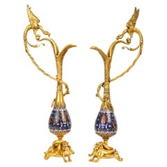 Pair of Ewers in Chased and Gilt Bronze, Neo-Gothic Style, Napoleon III Period.
