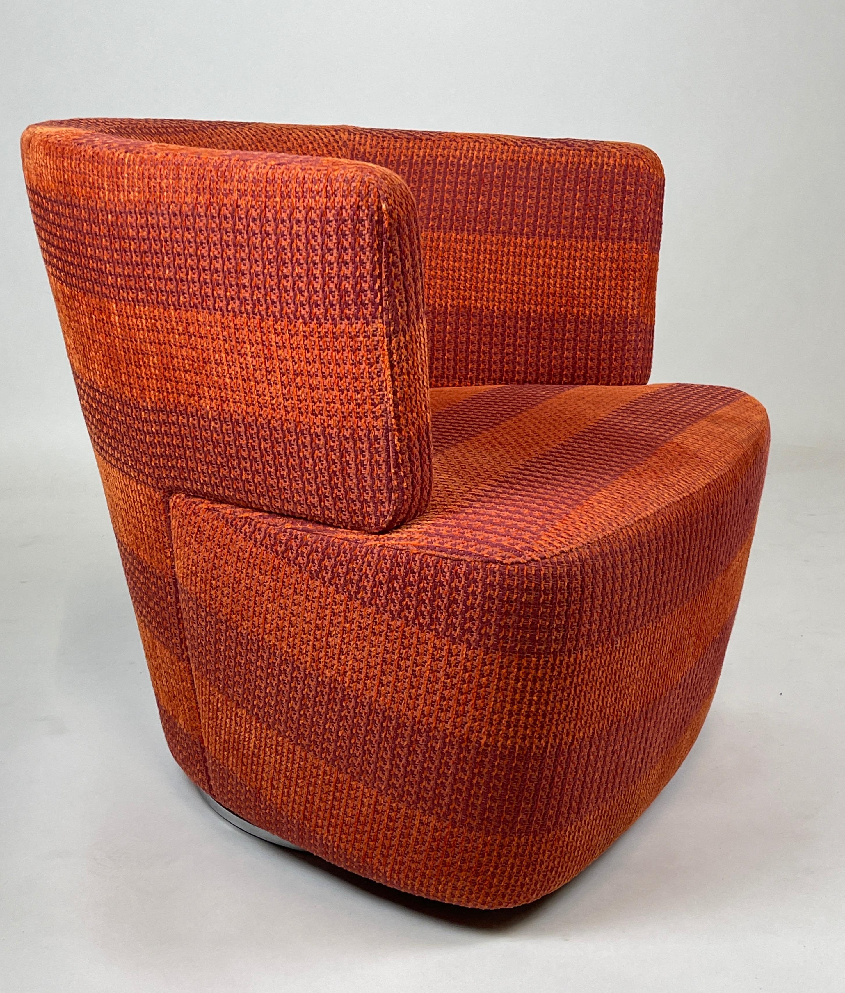 American Pair of Excellent Orange and Red Heavy Weave Bucket Swivel Chairs on Chrome Base