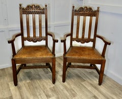 Pair of Excellent Quality Arts and Crafts Carved Oak Carver Chairs  A good pair