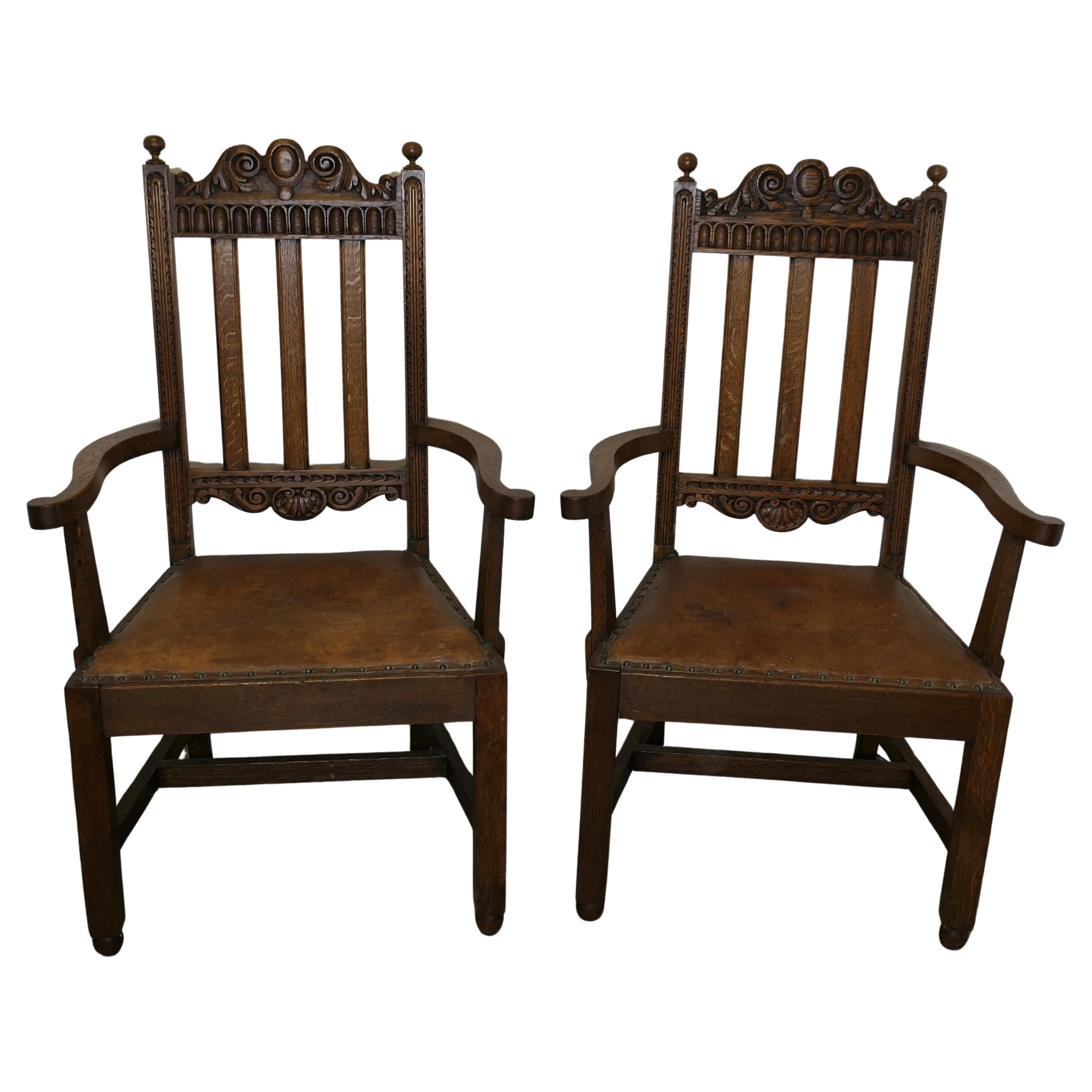 Pair of Excellent Quality Arts and Crafts Carved Oak Carver Chairs  A good pair