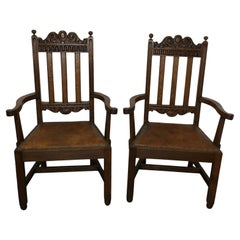 Antique Pair of Excellent Quality Arts and Crafts Carved Oak Carver Chairs  A good pair